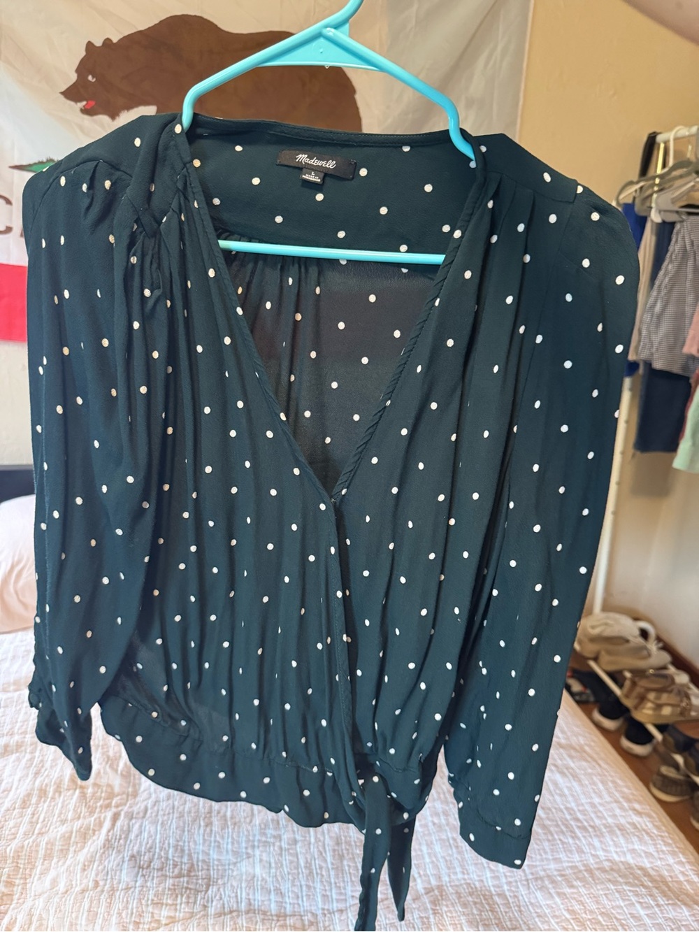 Madewell Dark Teal Polka Dot Wrap Blouse